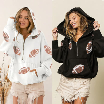 🔥'Glam Kickoff' Football Game Day Long Sleeve Half-Zip Hoodie