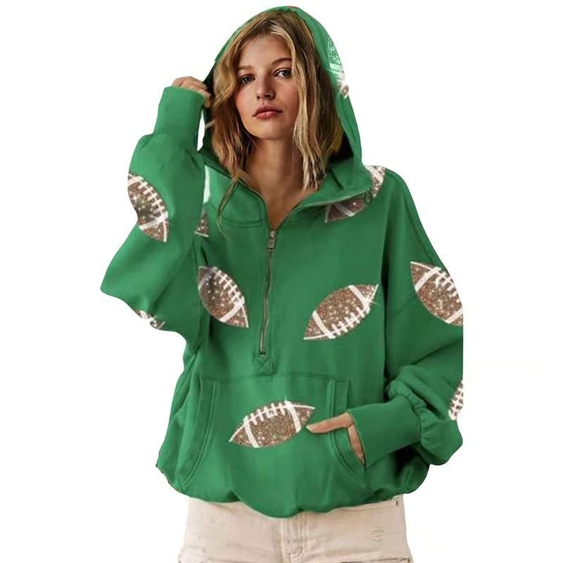 🔥'Glam Kickoff' Football Game Day Long Sleeve Half-Zip Hoodie