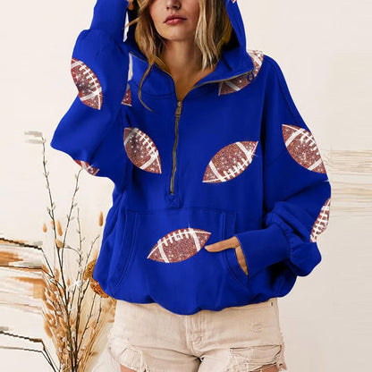 🔥'Glam Kickoff' Football Game Day Long Sleeve Half-Zip Hoodie